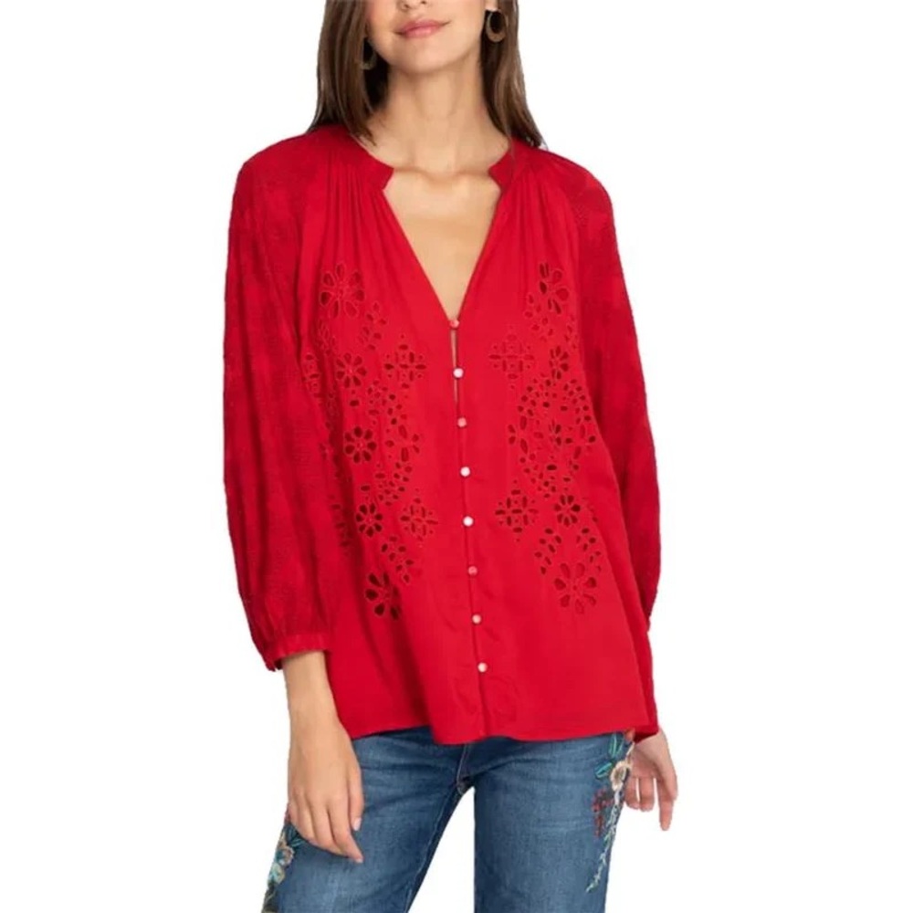 Red Embellished 3/4 Sleeve Blouse